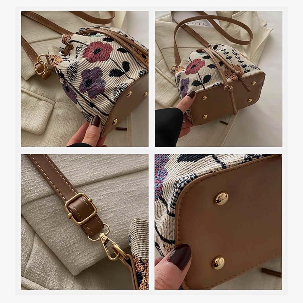 🆕 Floral Woven Drawstring Bucket Bag - Beige/Tan - Picture 4 of 7